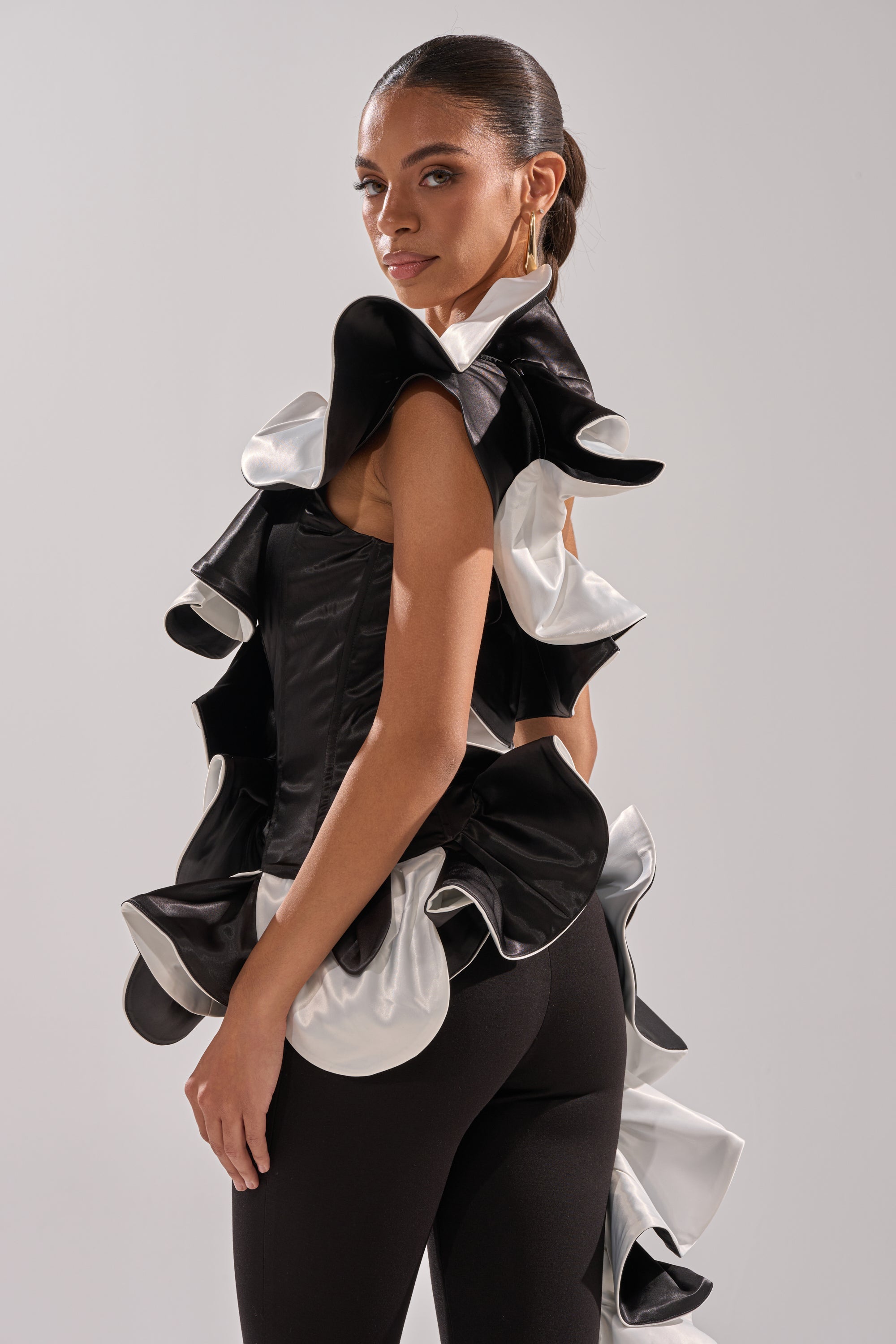 SNOB IS A HABIT RUFFLE DETAIL SATIN TOP