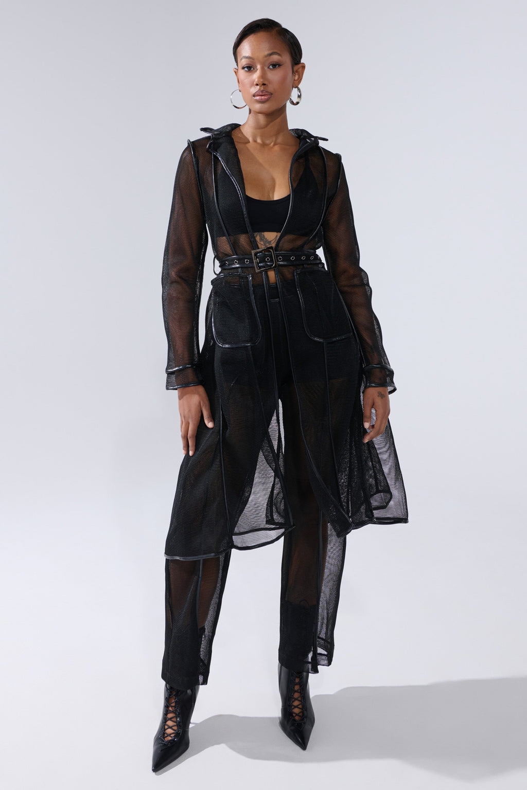 ONE TO WATCH MESH TRENCH IN BLACK