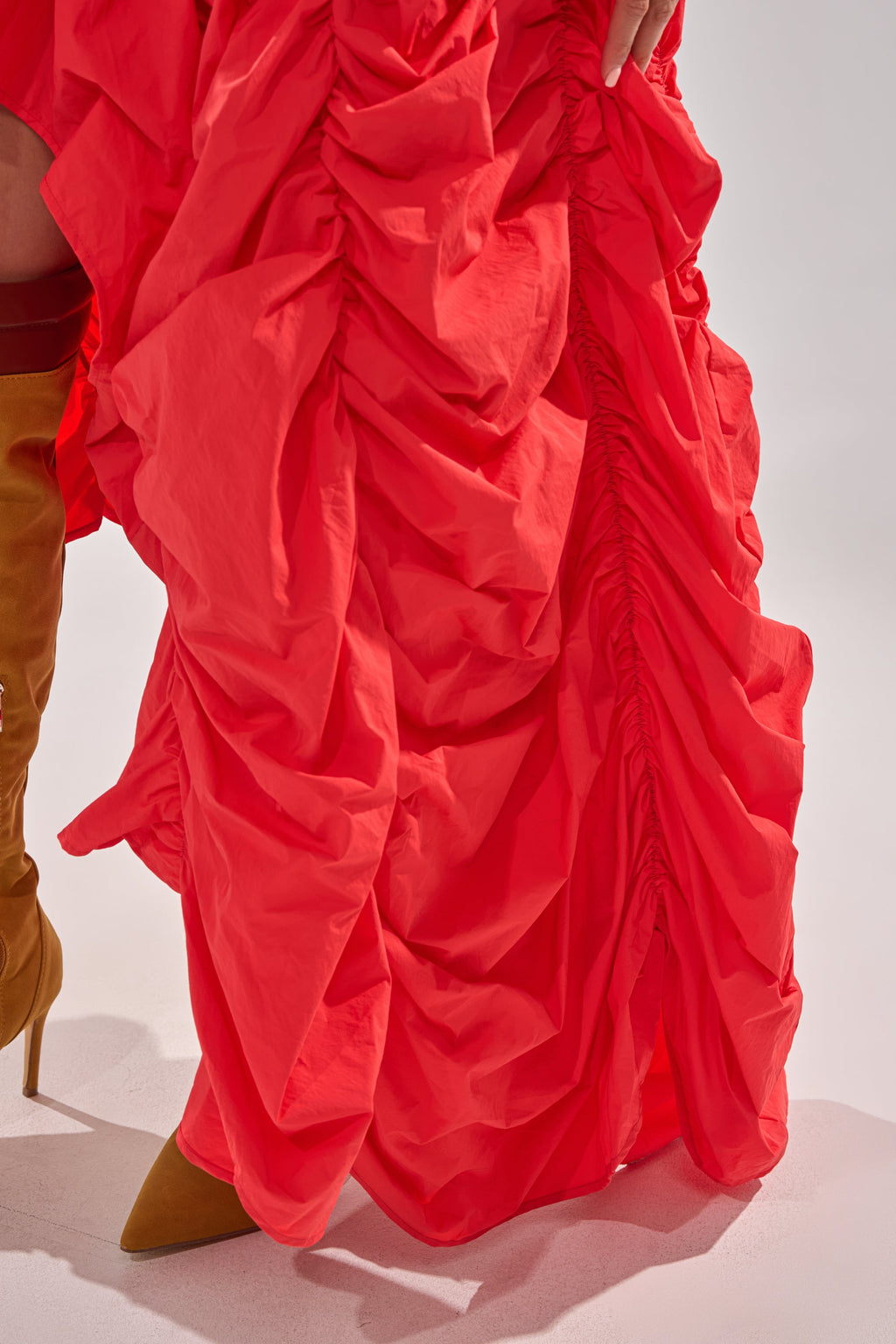 LETS CHANGE IT UP RUCHED MIDI SKIRT IN RED