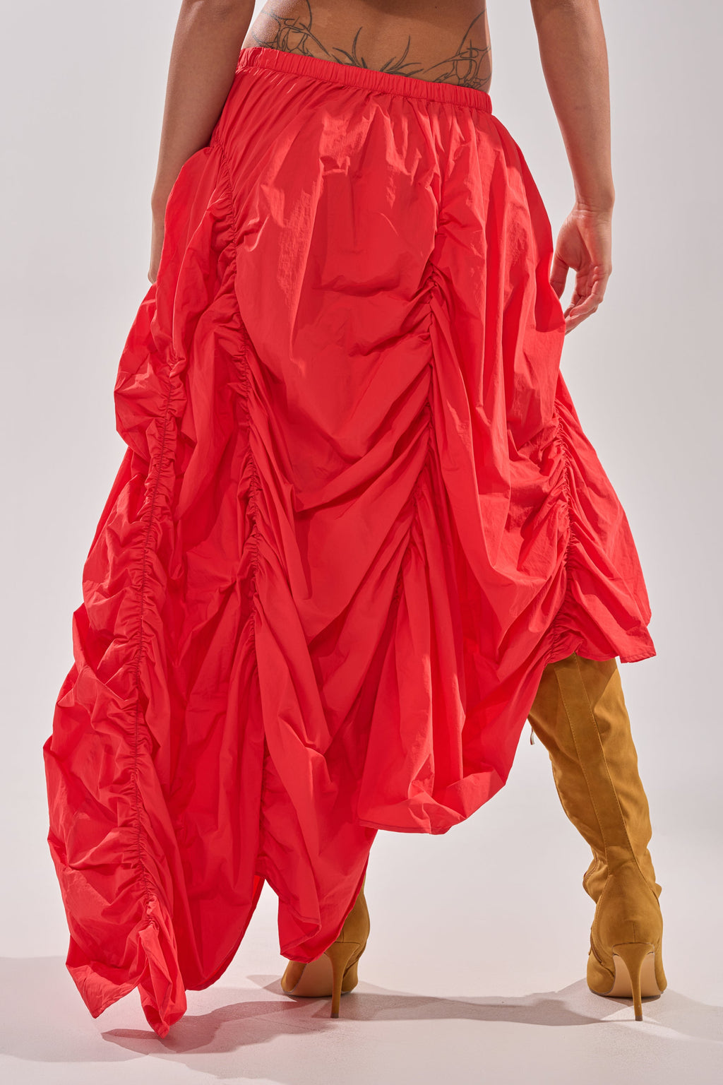LETS CHANGE IT UP RUCHED MIDI SKIRT IN RED