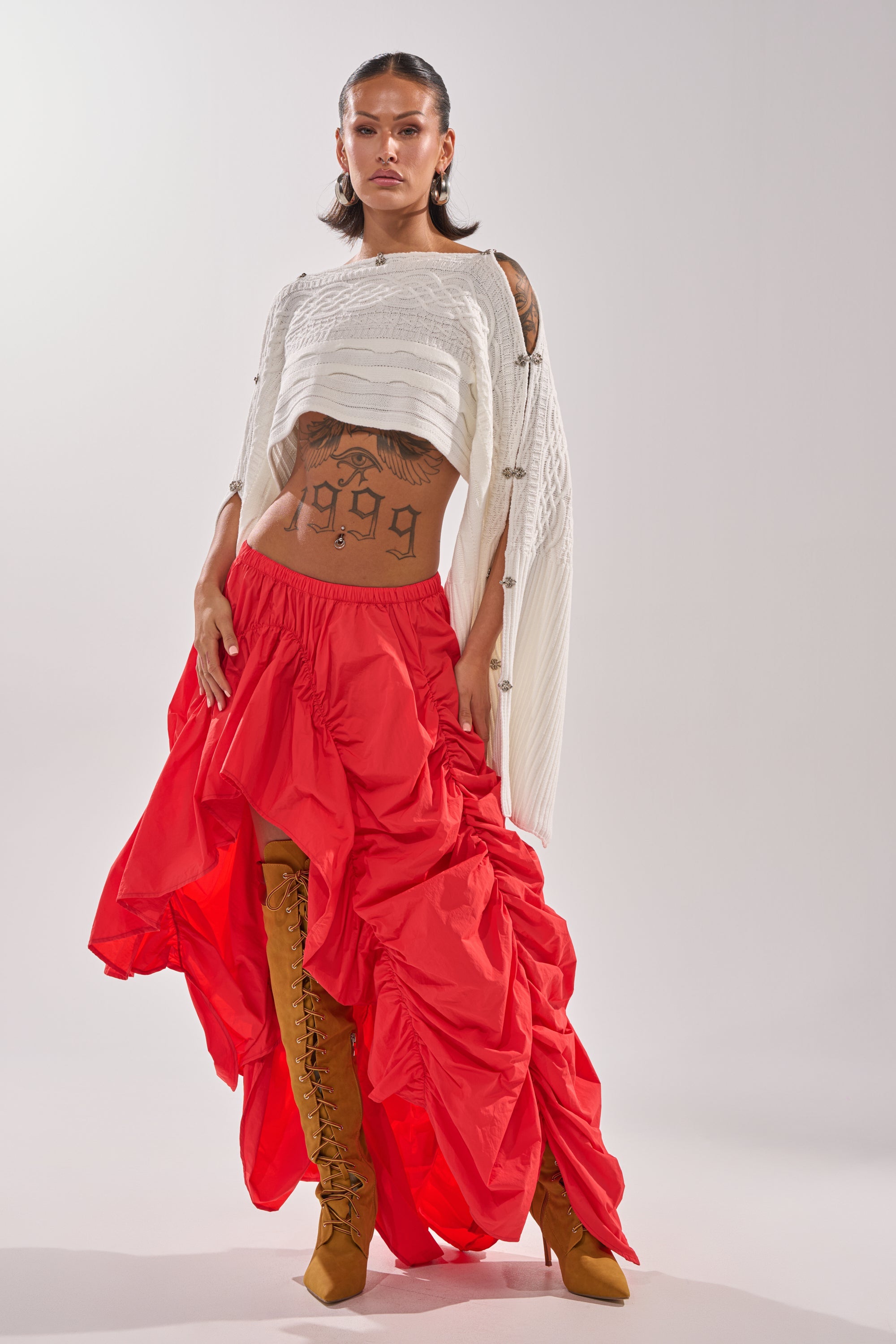 LETS CHANGE IT UP RUCHED MIDI SKIRT IN RED