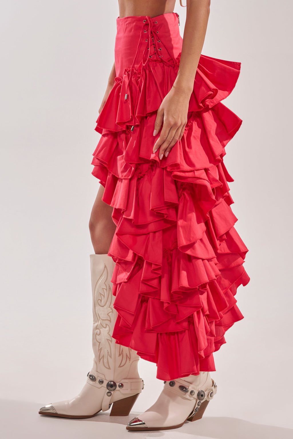CLAIRE HIGH LOW RUFFLE SKIRT IN RED