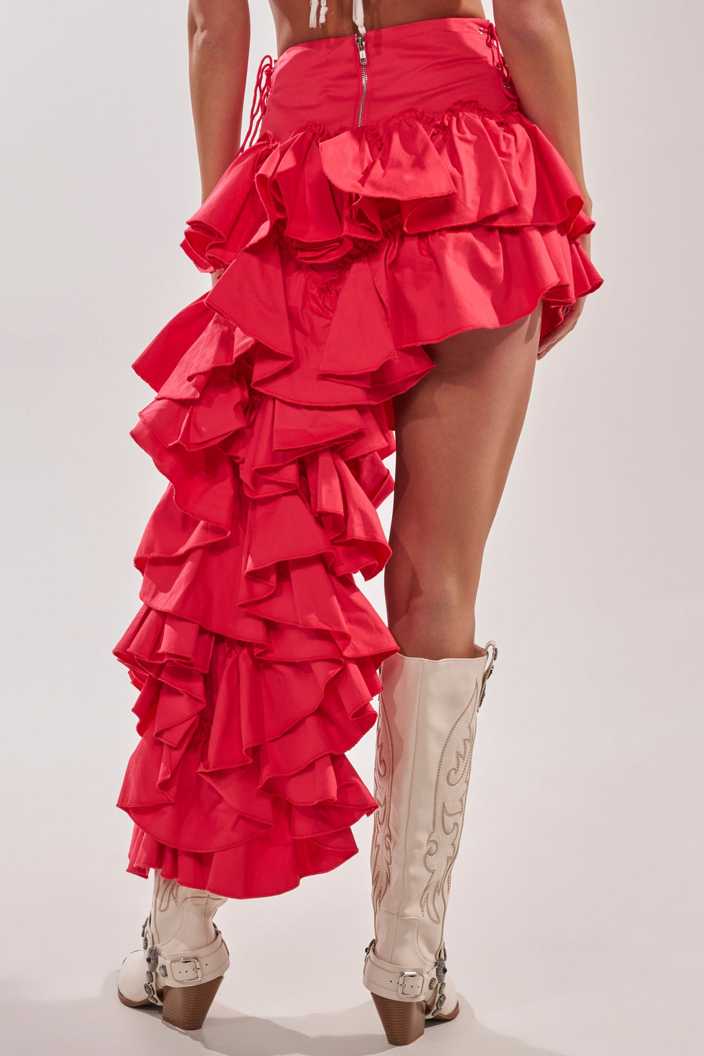 CLAIRE HIGH LOW RUFFLE SKIRT IN RED