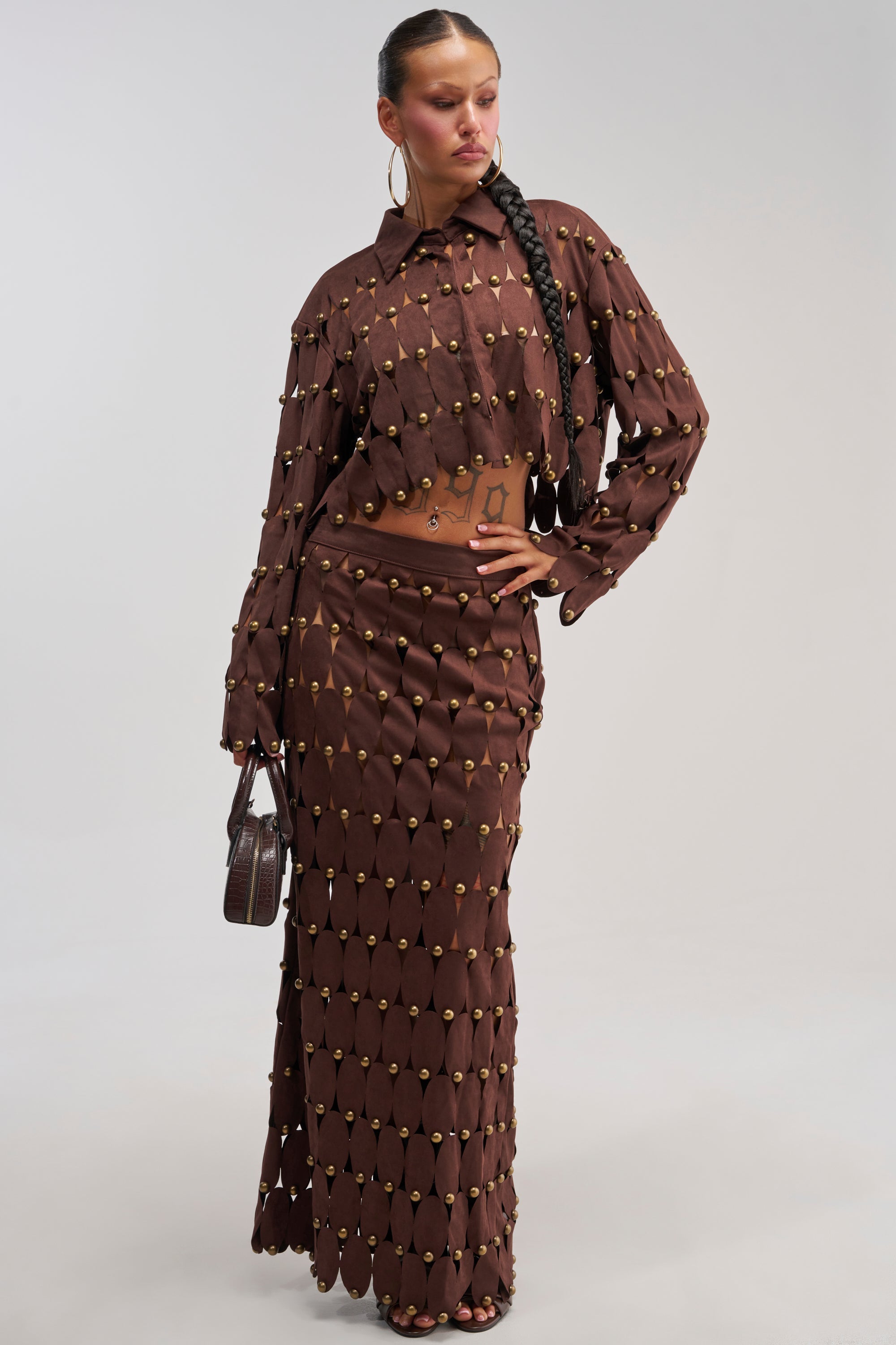 THE SNEAK PEEK STUDDED SUEDE MIDI SKIRT