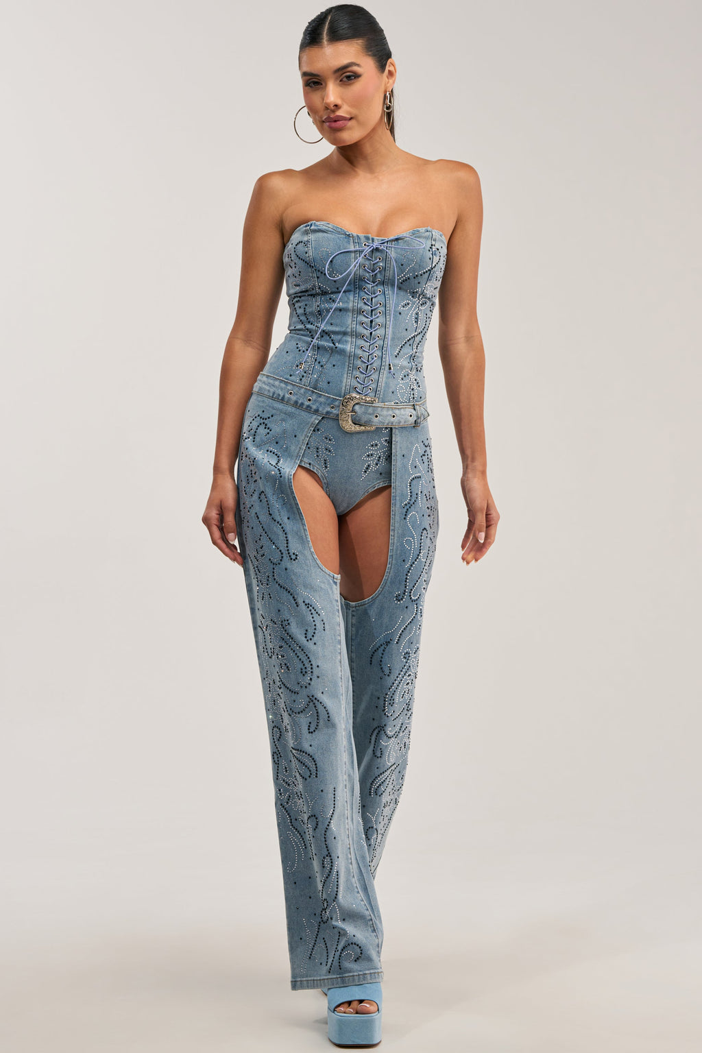 COWGIRL NIGHTS RHINESTONE DENIM BODYSUIT
