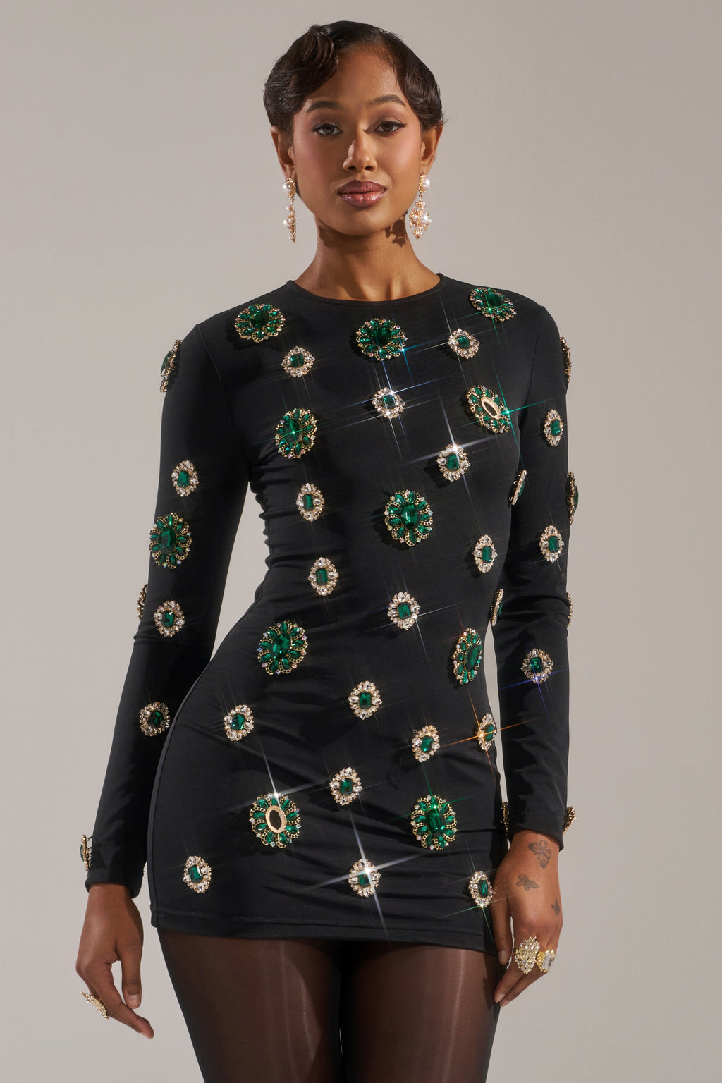 BLING BLING MESH MINI DRESS WITH RHINESTONE EMBELLISHMENTS
