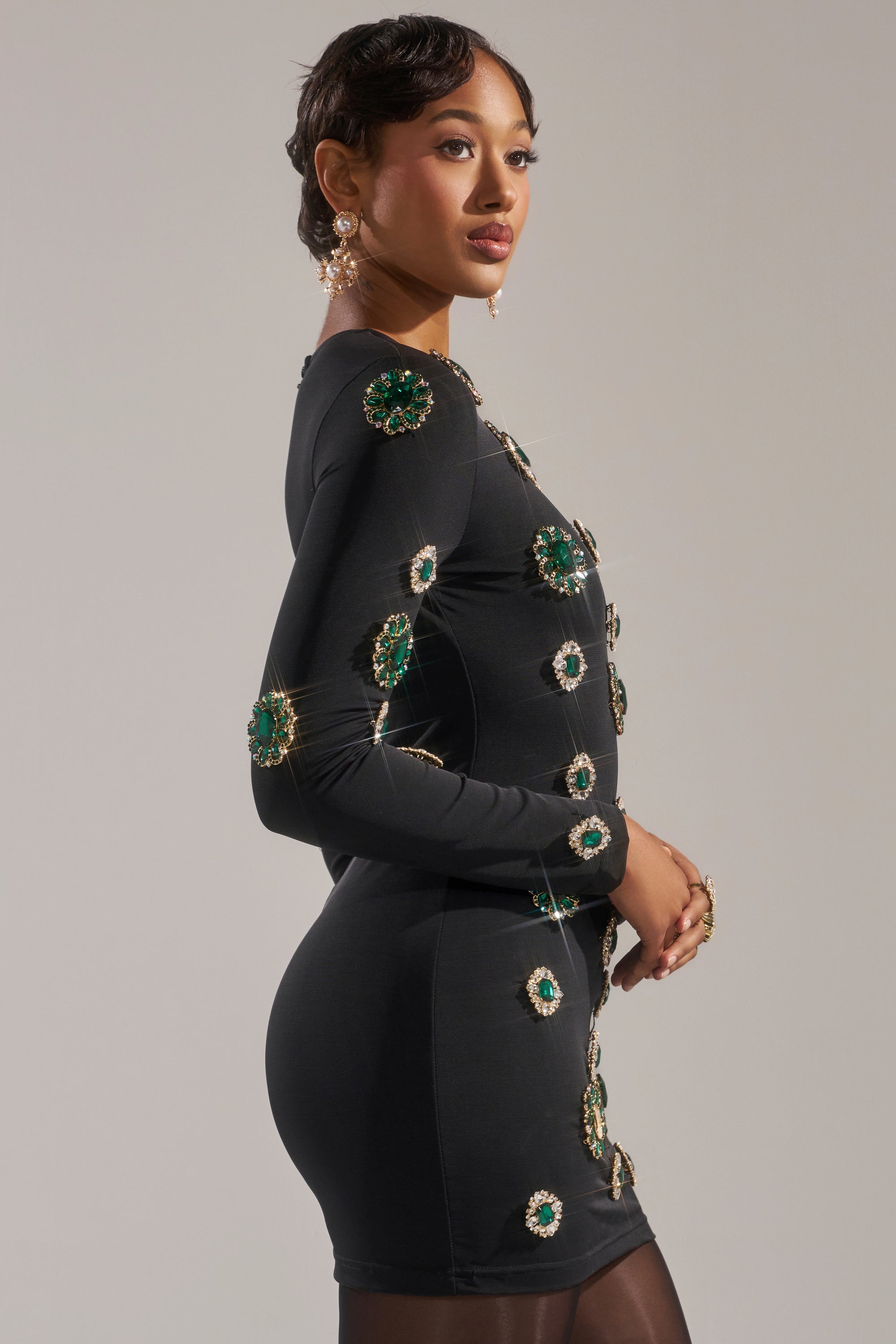BLING BLING MESH MINI DRESS WITH RHINESTONE EMBELLISHMENTS