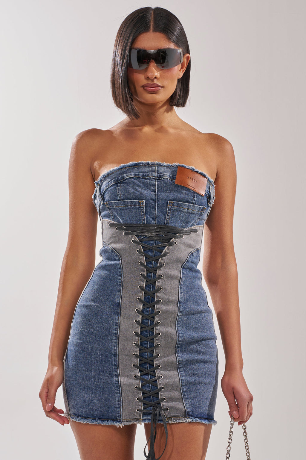 LACED UP MINI DENIM DRESS