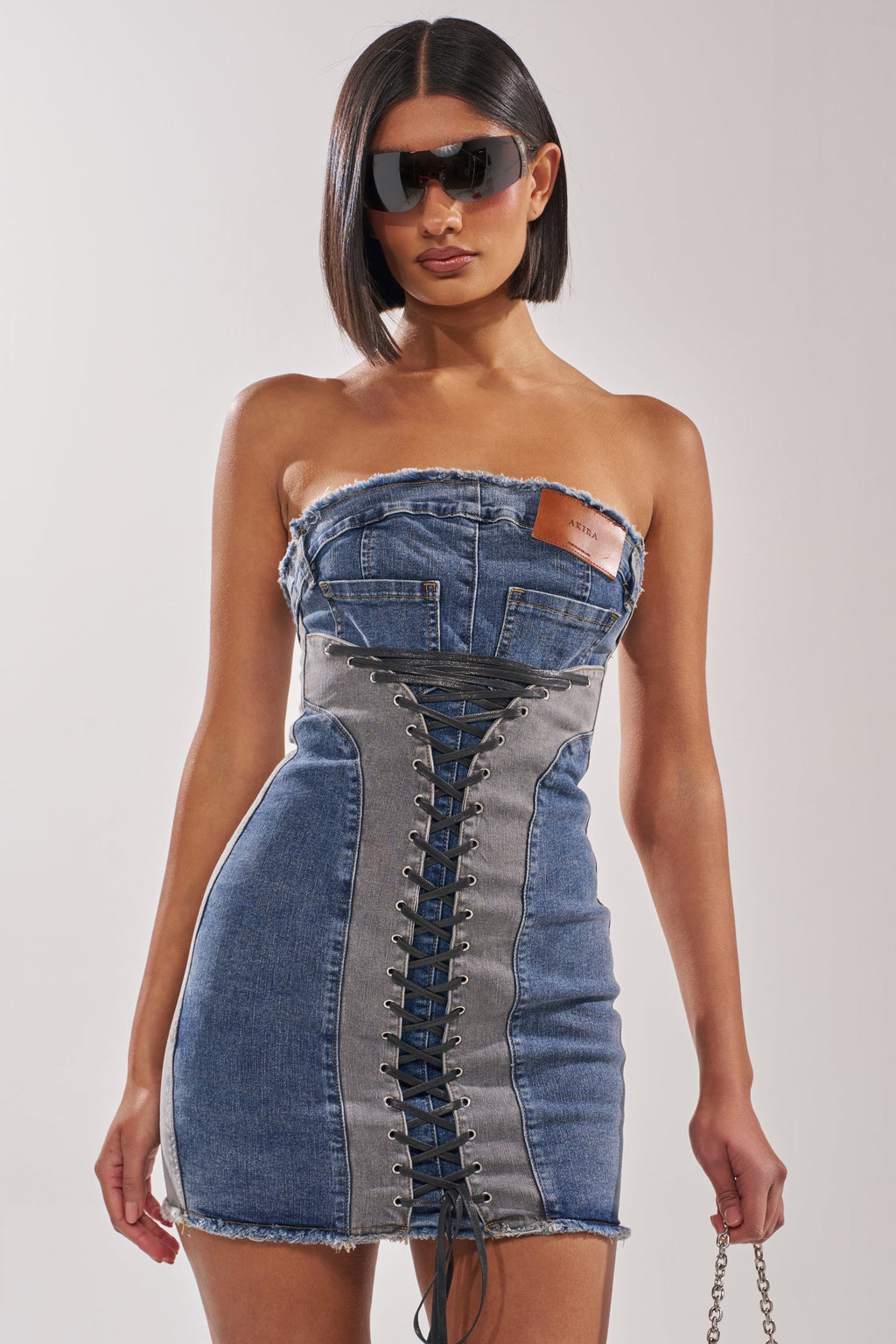 LACED UP MINI DENIM DRESS