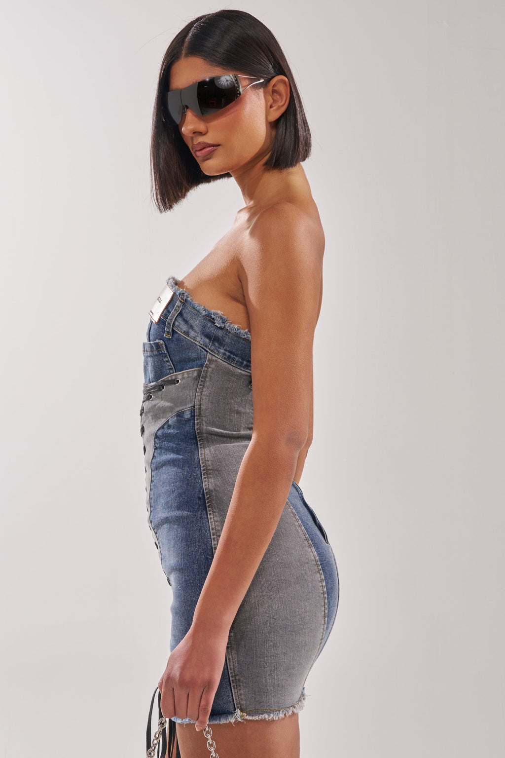 LACED UP MINI DENIM DRESS