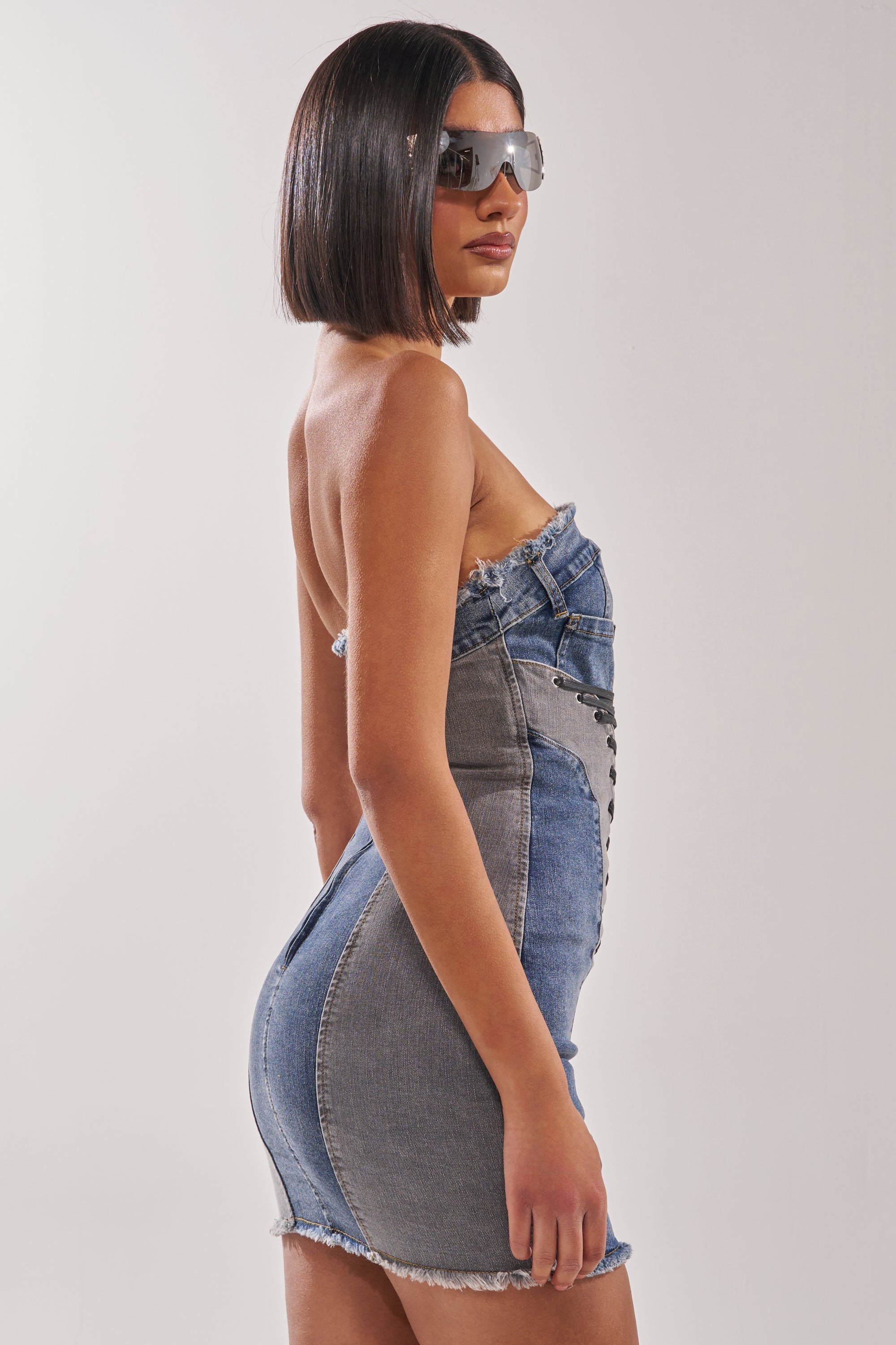 LACED UP MINI DENIM DRESS