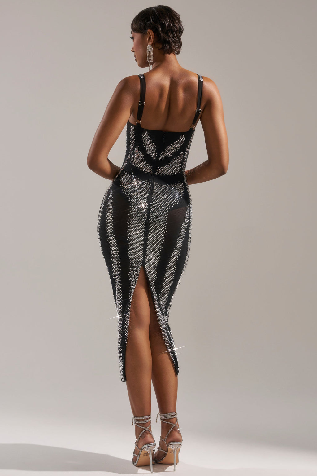 AURA RHINESTONE MESH PRINTED MIDI DRESS