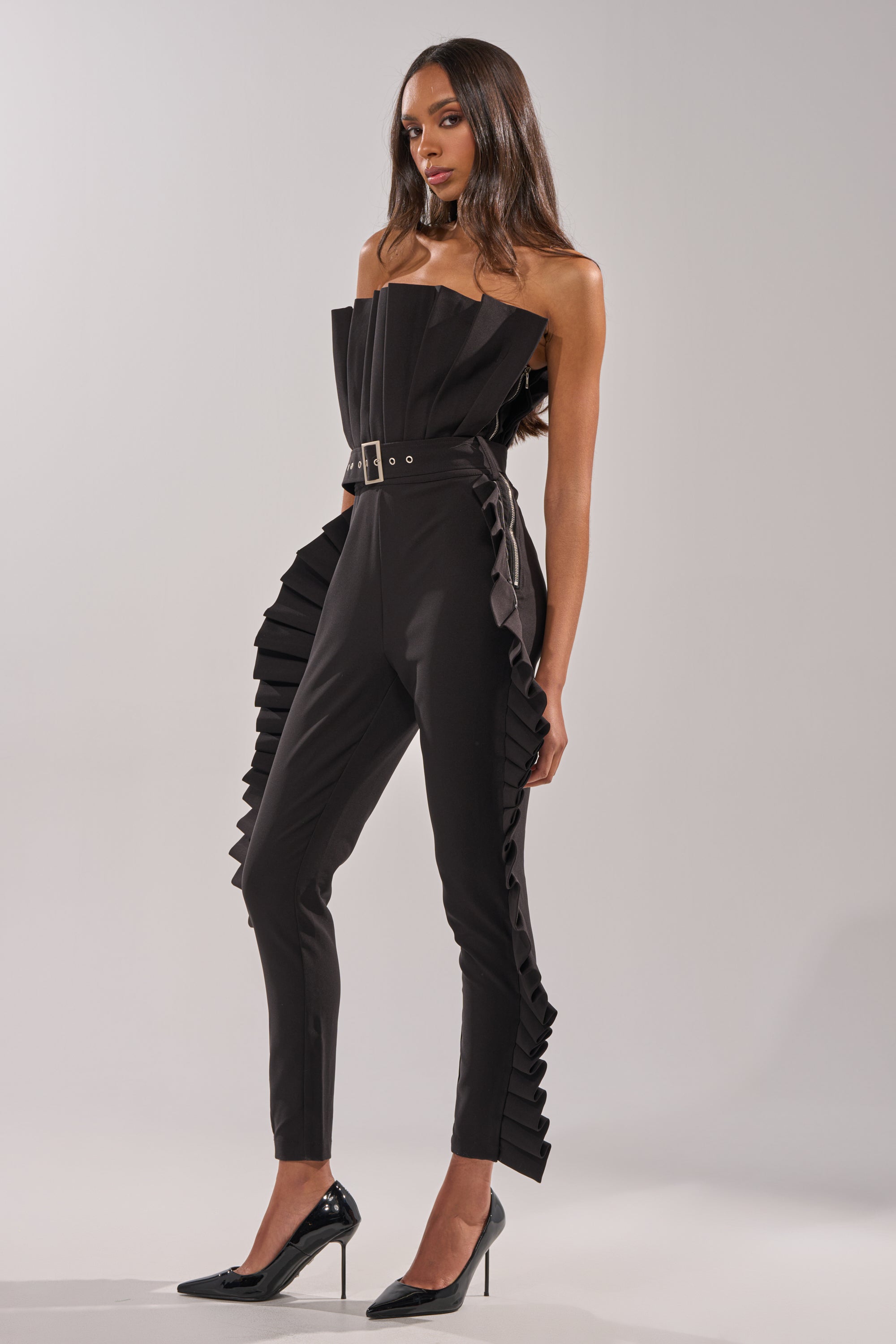 RUFFLE MY FEATHERS BLACK JUMPSUIT