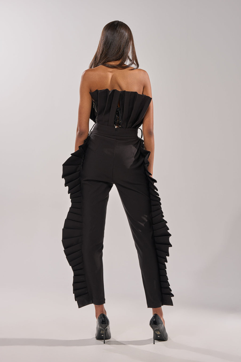 RUFFLE MY FEATHERS BLACK JUMPSUIT