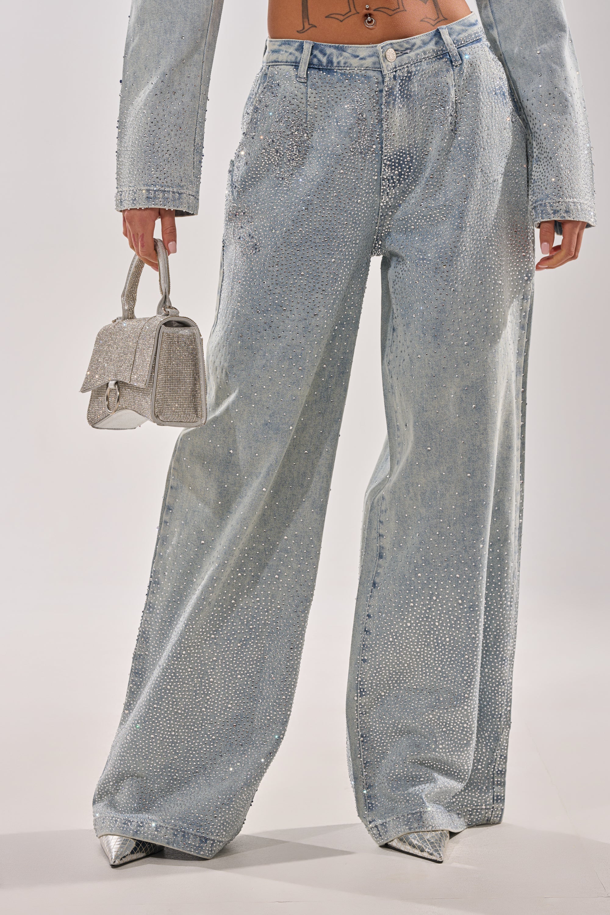 LIGHTS OUT RHINESTONE WIDE LEG DENIM