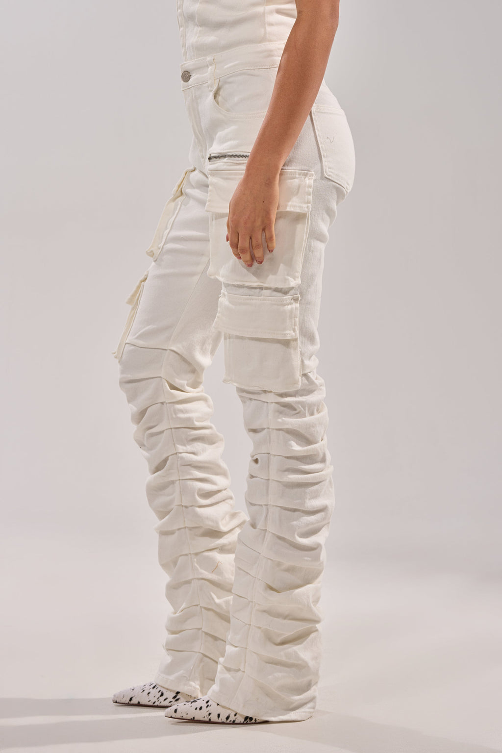 IT GETS EASIER STACKED CARGO PANT IN WHITE