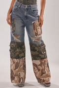 MIXED CAMO DENIM CARGO PANTS