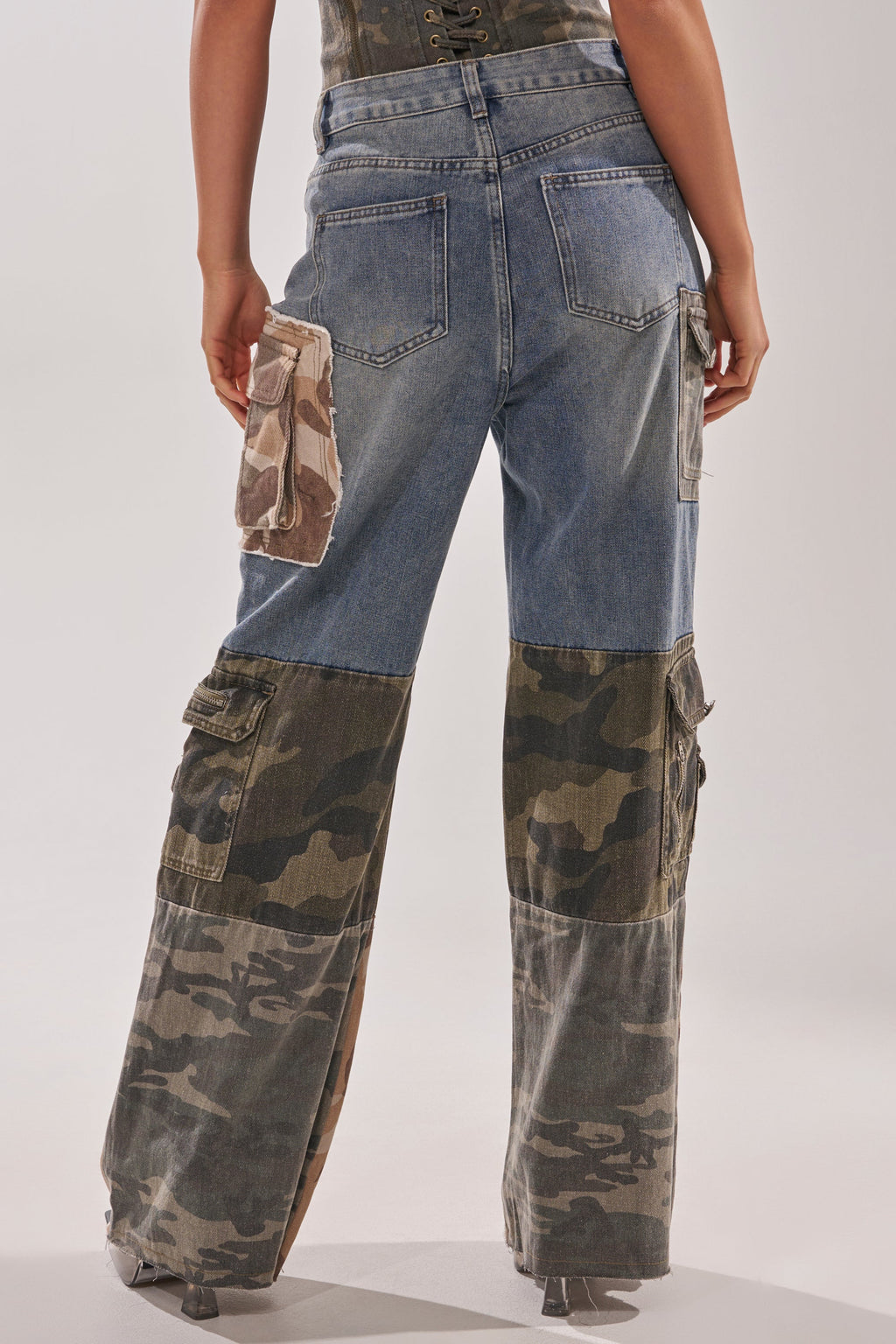 MIXED CAMO DENIM CARGO PANTS