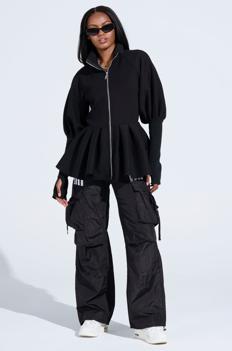 TWIN FLAME PEPLUM BOMBER IN BLACK