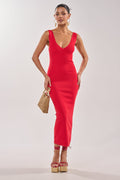 BETWEEN THE LINES MIDI DRESS IN RED