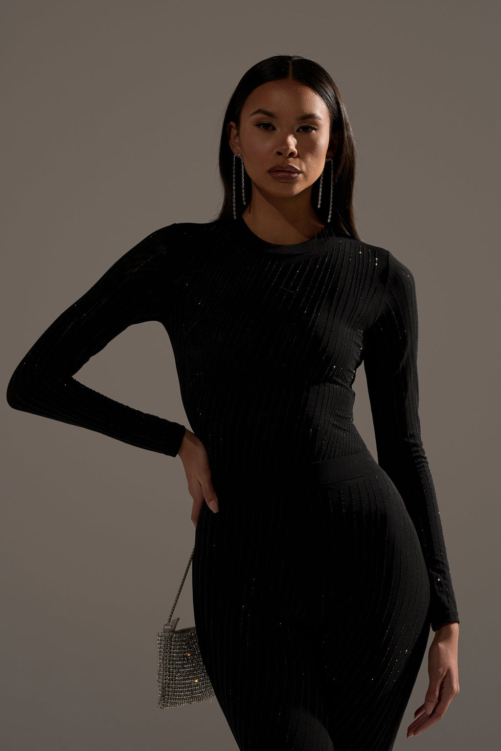 TWINKLING LIGHTS RHINESTONE LONG SLEEVE MESH BODYSUIT IN BLACK