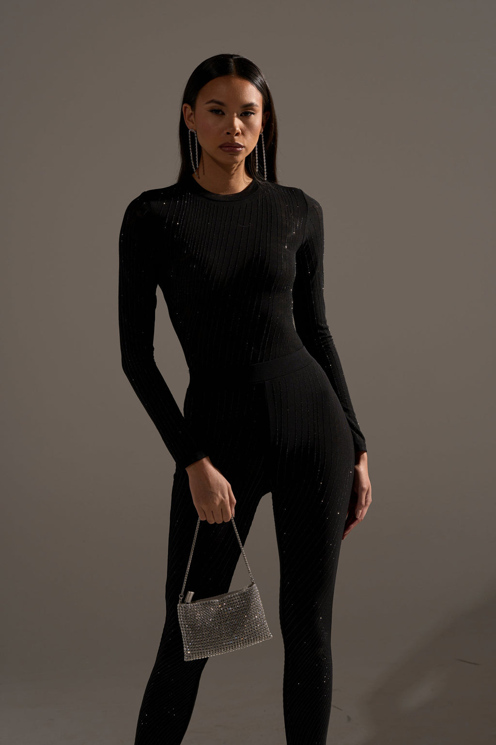 TWINKLING LIGHTS RHINESTONE LONG SLEEVE MESH BODYSUIT IN BLACK