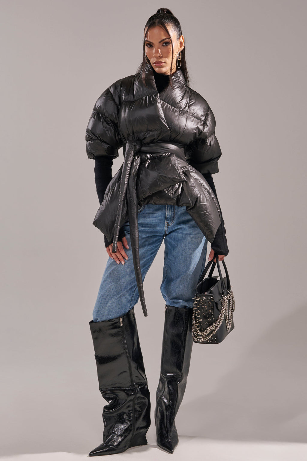 A STEP AHEAD LONG RIBBED SLEEVE PEPLUM PUFFER COAT