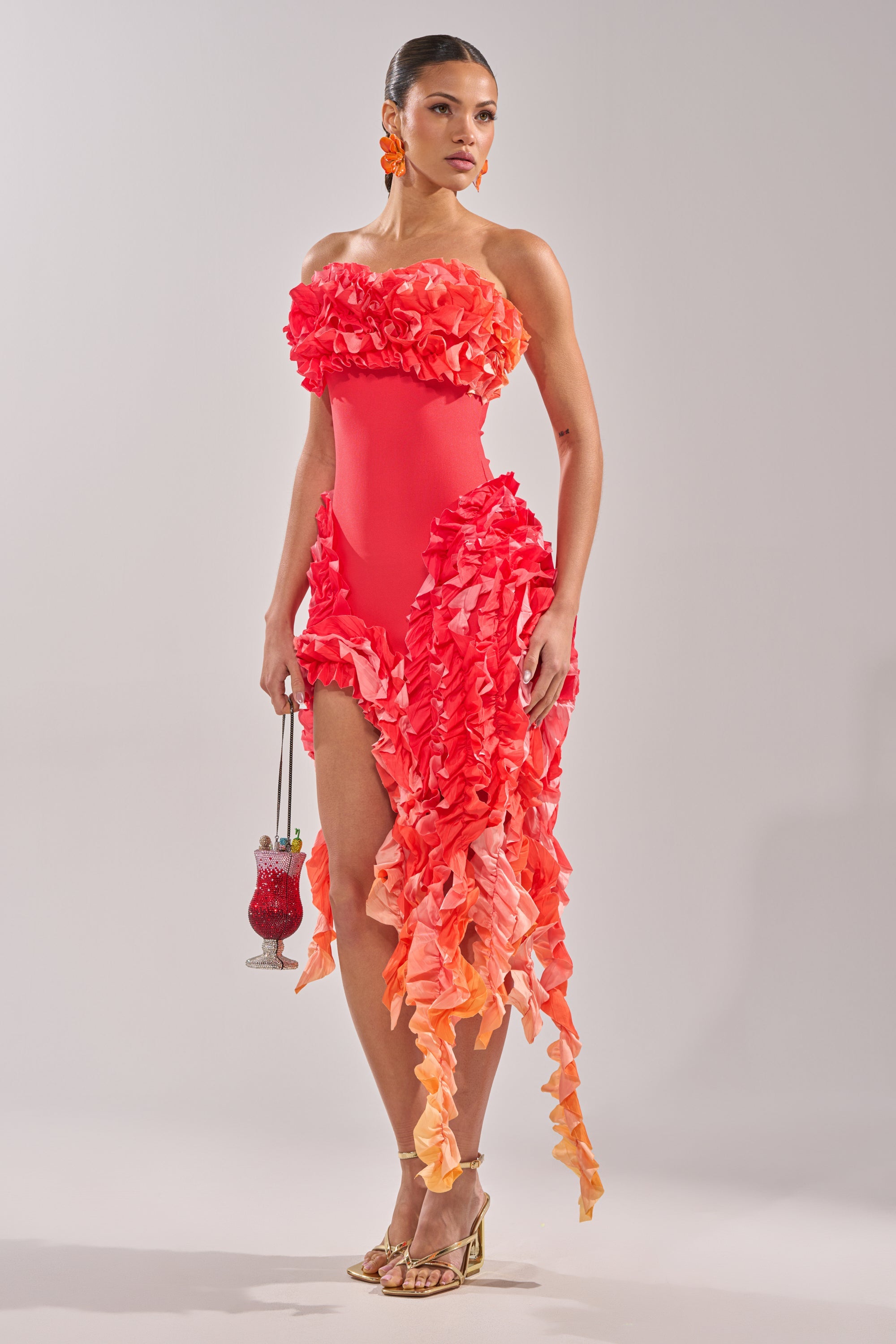 CITY LIGHTS RUFFLE MAXI DRESS IN RED OMBRE