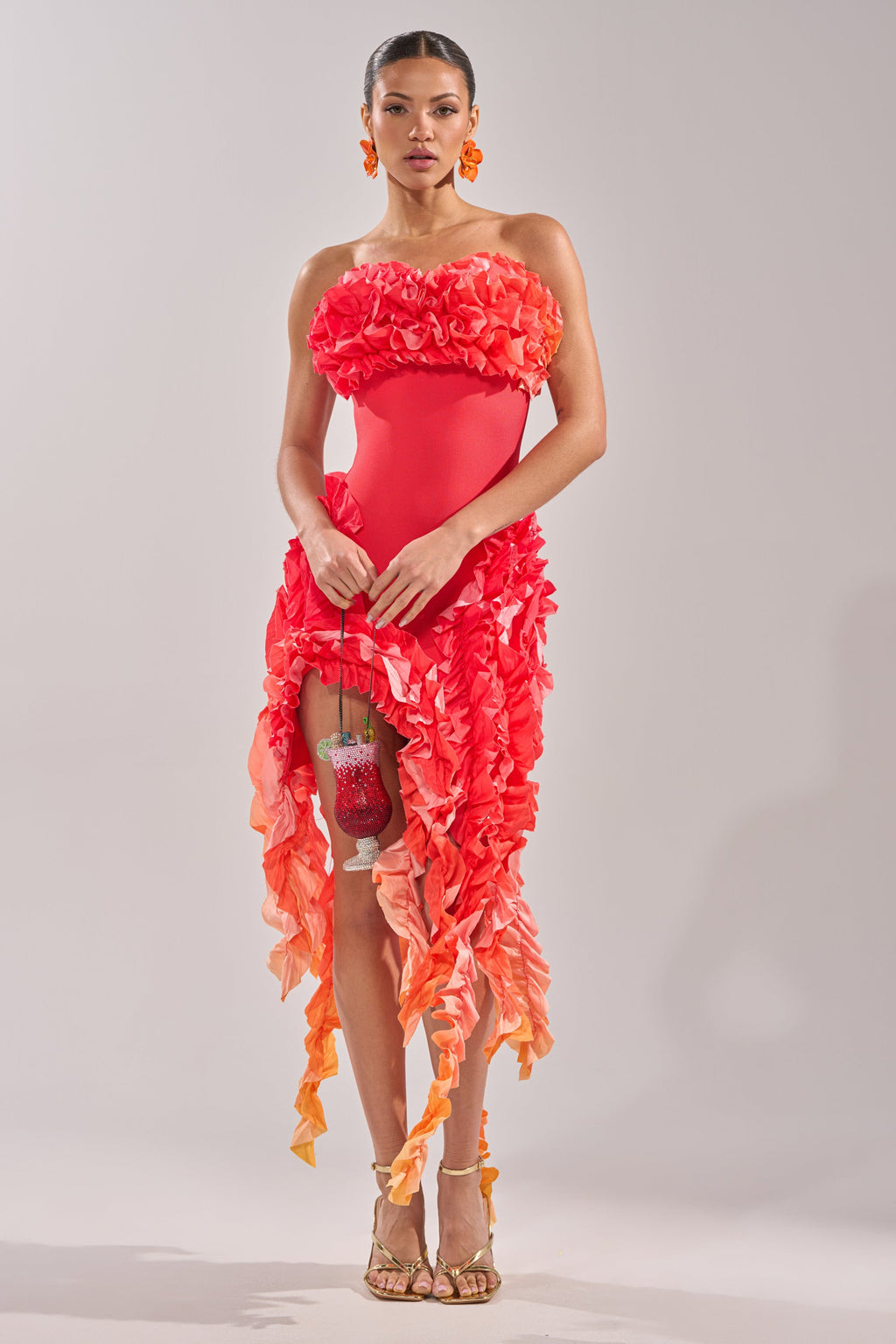 CITY LIGHTS RUFFLE MAXI DRESS IN RED OMBRE