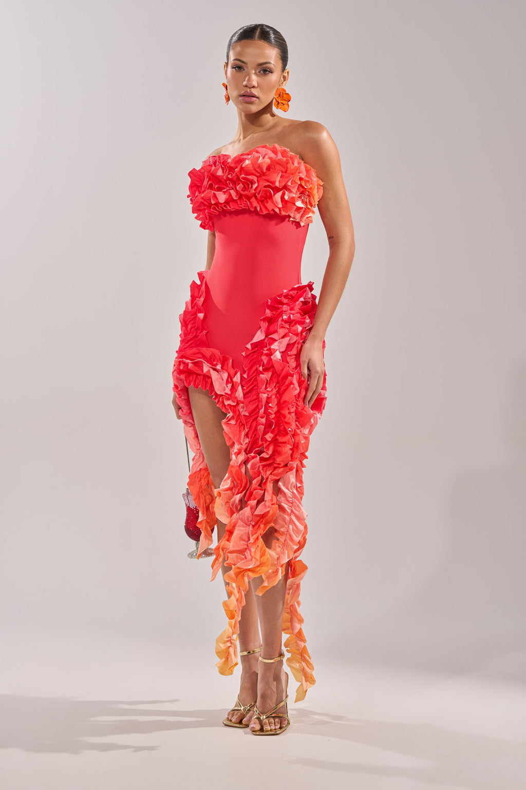 CITY LIGHTS RUFFLE MAXI DRESS IN RED OMBRE