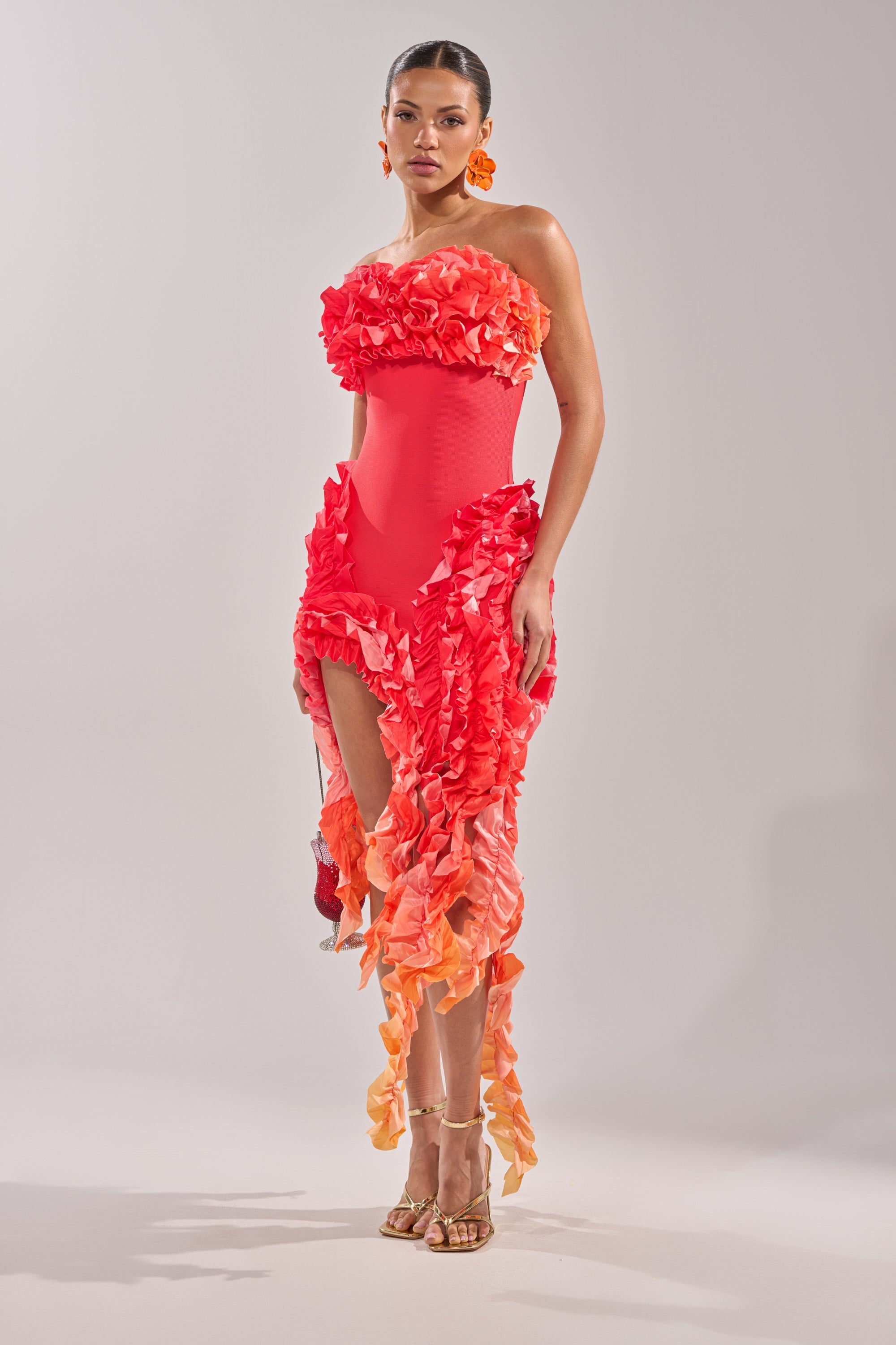 CITY LIGHTS RUFFLE MAXI DRESS IN RED OMBRE