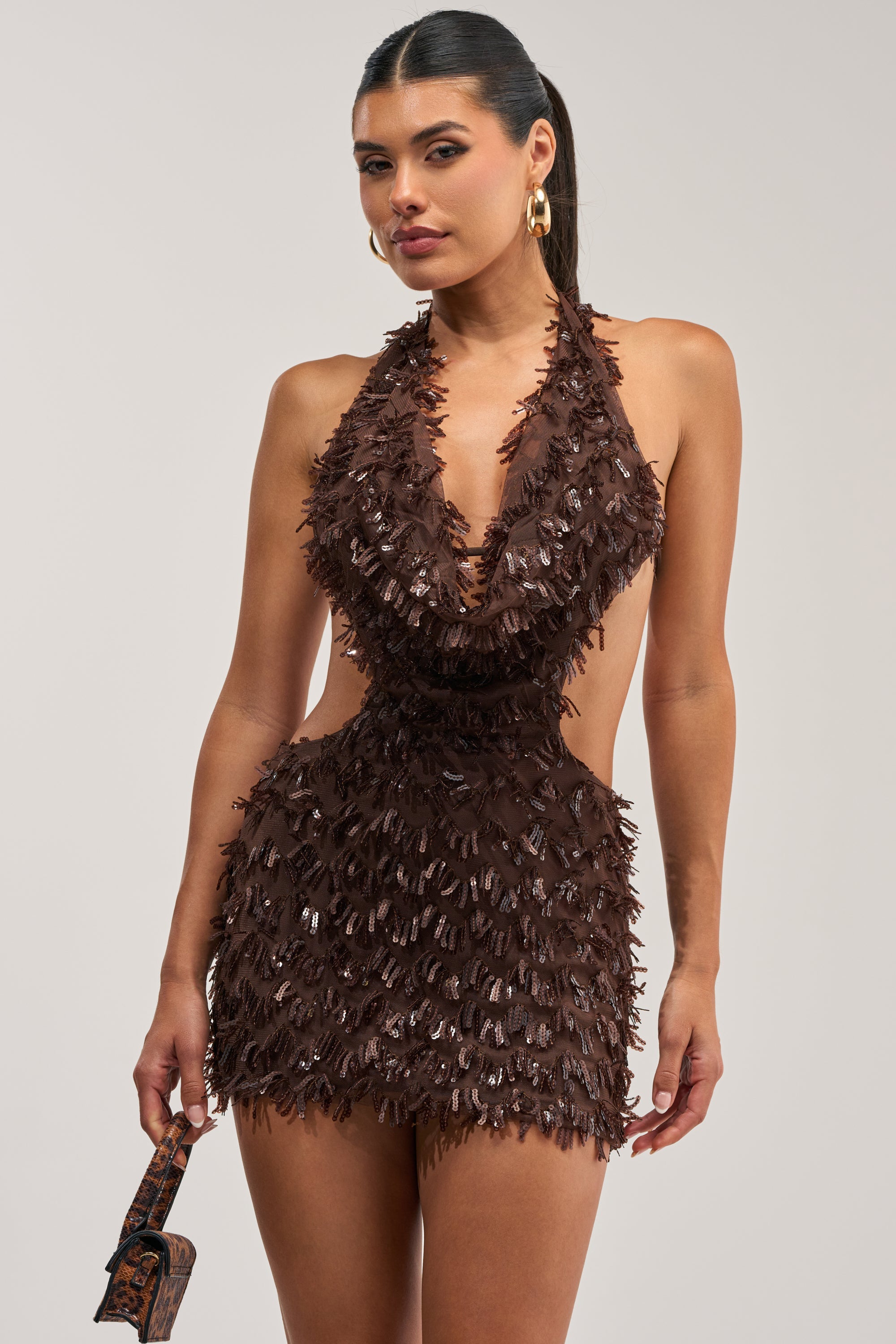 FIRST MOVE EMBELLISHED SEQUIN MINI DRESS IN BROWN