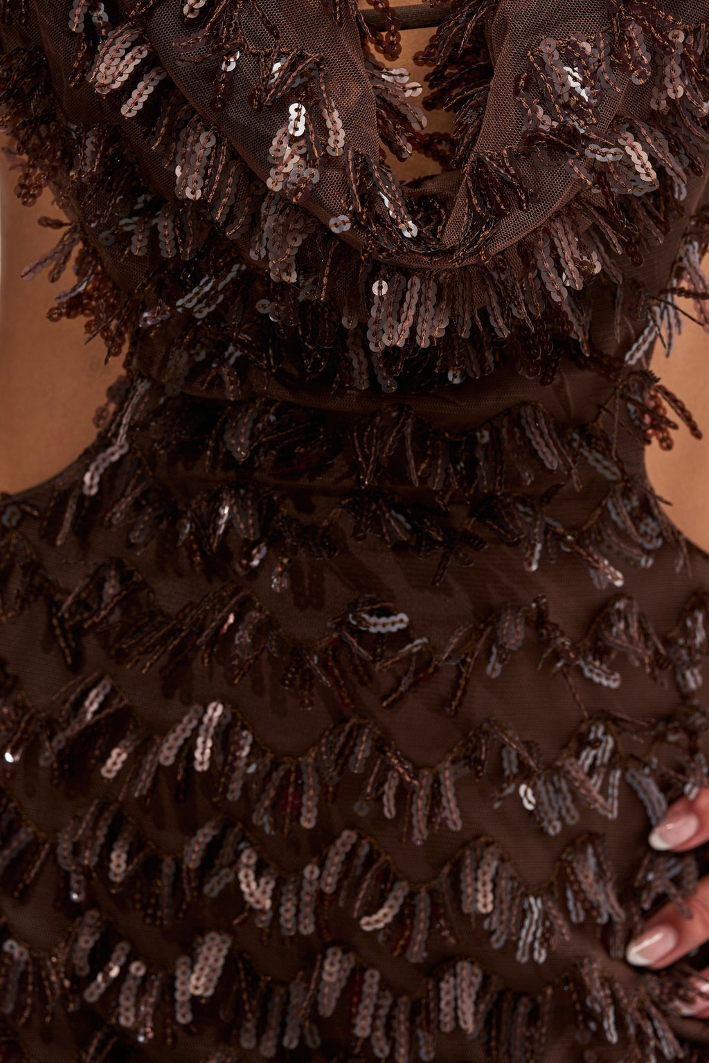 FIRST MOVE EMBELLISHED SEQUIN MINI DRESS IN BROWN
