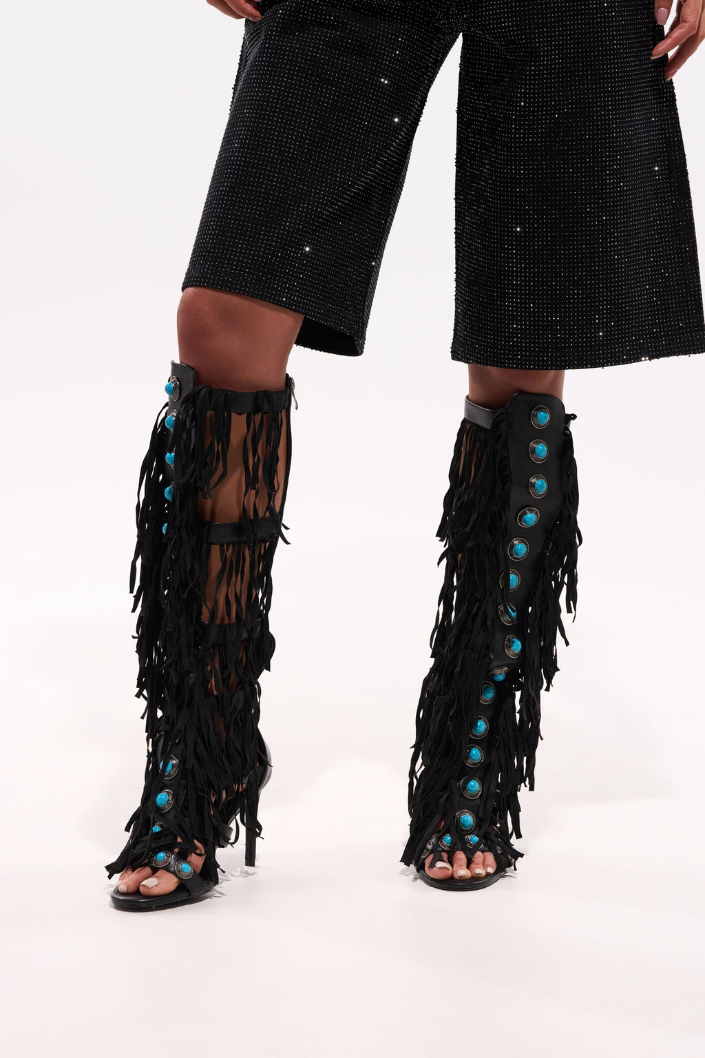AZALEA WANG AMADEO BLACK FRINGE AND TURQUOISE GLADIATOR STILETTO SANDAL