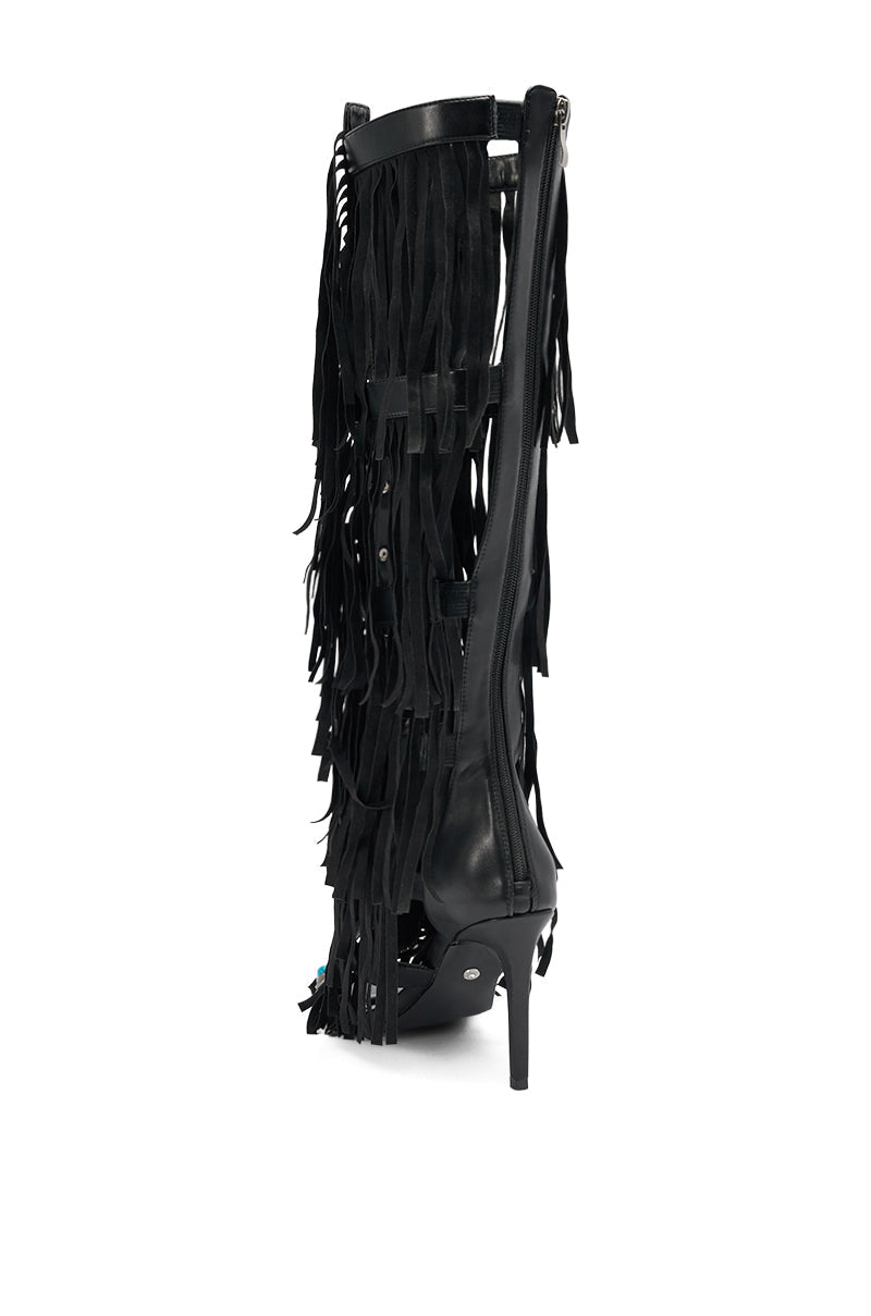 AZALEA WANG AMADEO BLACK FRINGE AND TURQUOISE GLADIATOR STILETTO SANDAL
