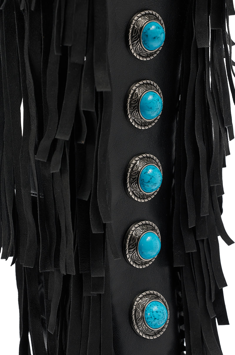 AZALEA WANG AMADEO BLACK FRINGE AND TURQUOISE GLADIATOR STILETTO SANDAL