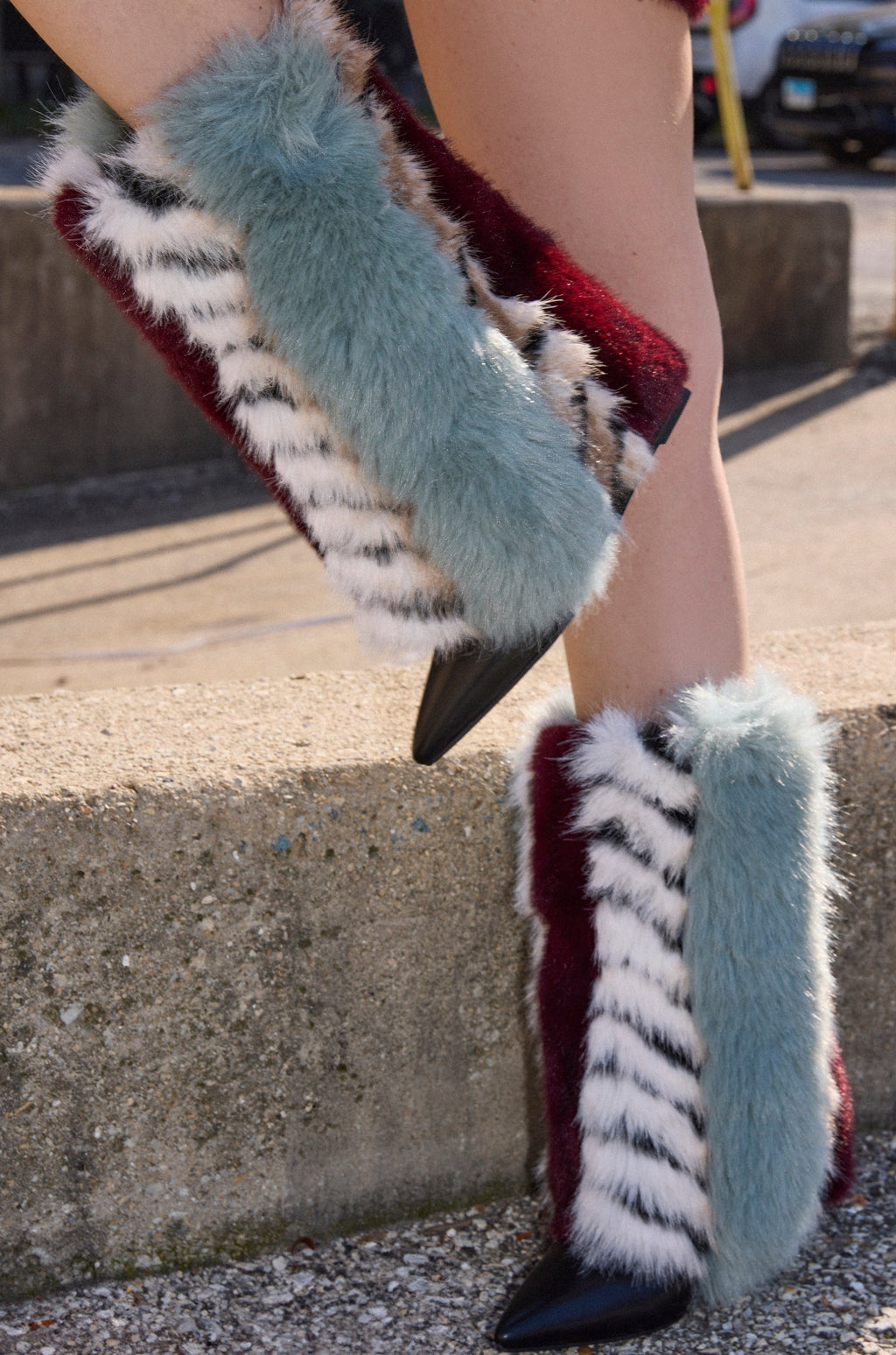 AZALEA WANG BRIASH BLUE MULTI FUR HIDDEN WEDGE BOOTIE