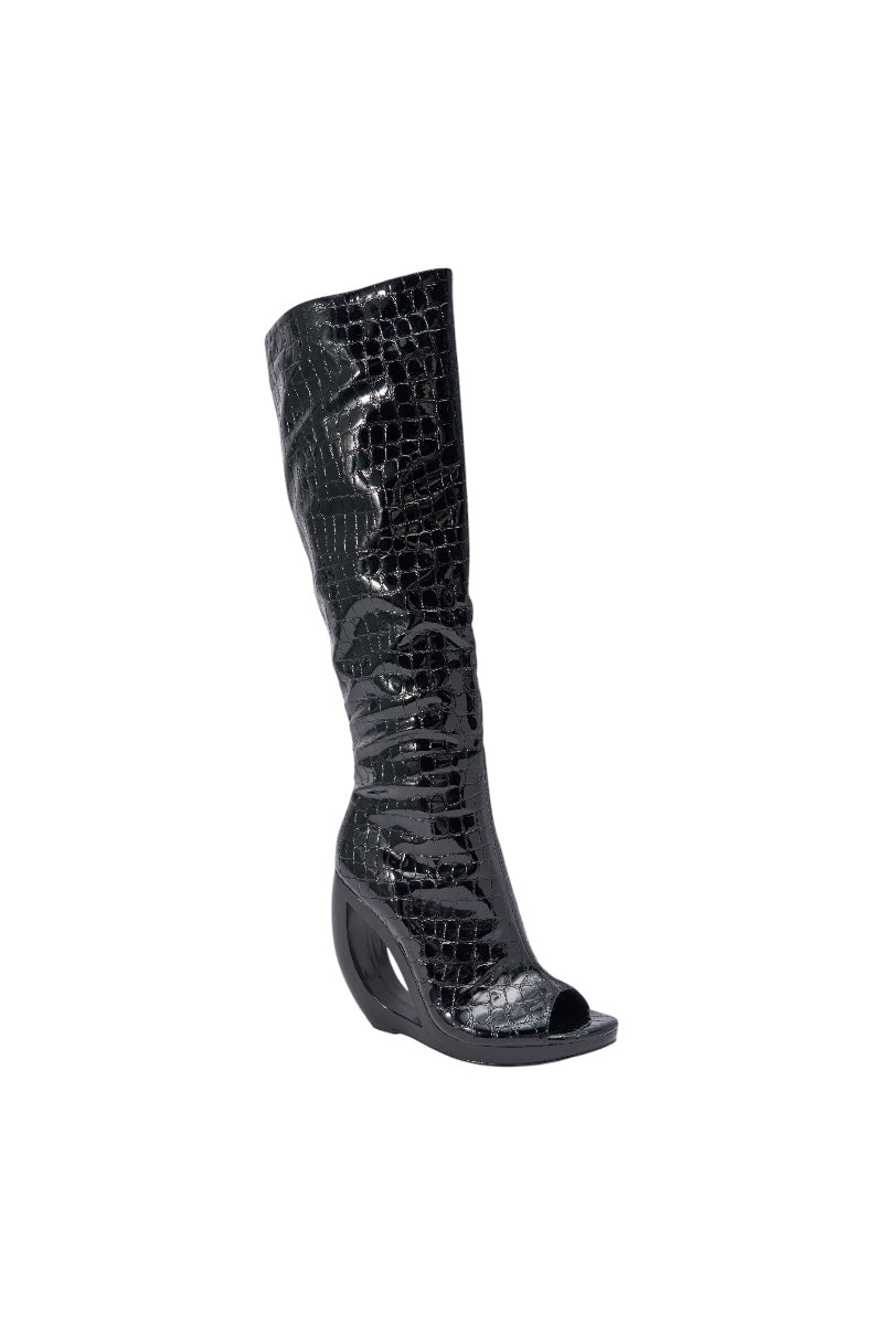AZALEA WANG CAMILLA BLACK CROC OPEN TOE WEDGE BOOT