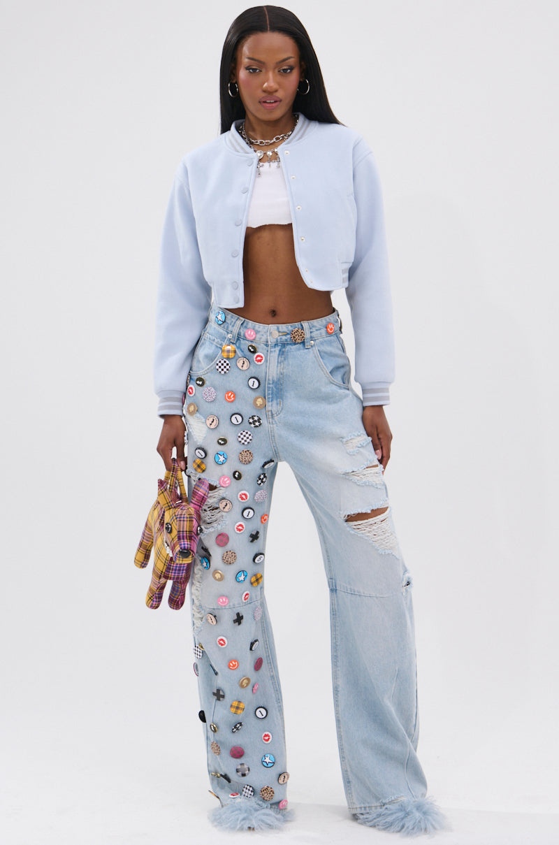 DAVIS EVERYDAY VARSITY BOMBER IN LIGHT BLUE