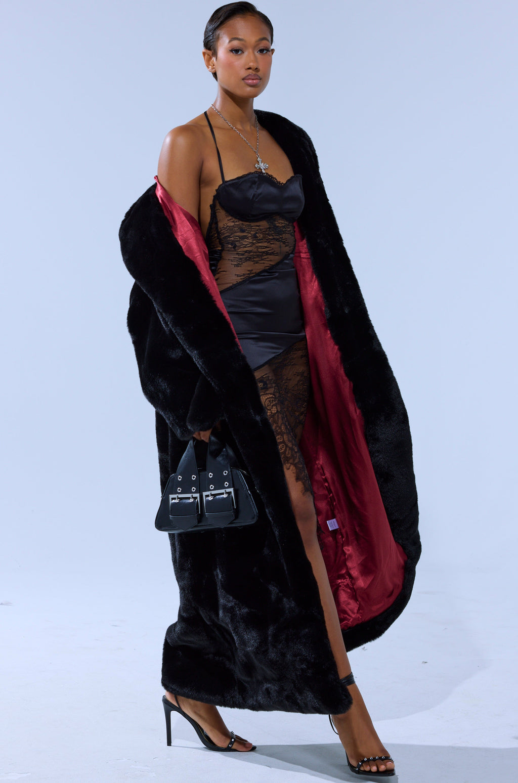 DAYANNE LONG SATIN LINING FAUX FUR TRENCH COAT