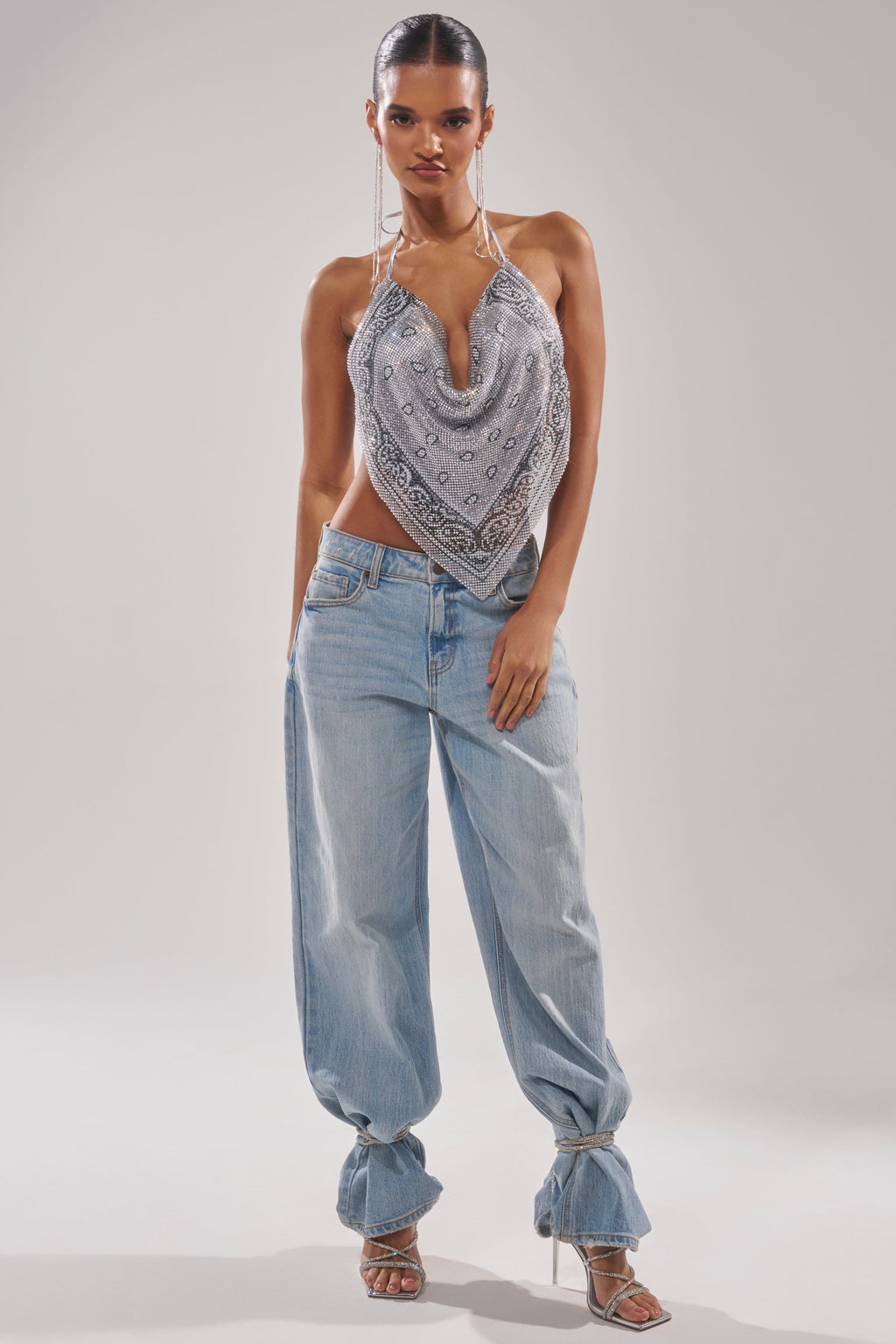 FREESTYLE RHINESTONE COWL NECK TOP