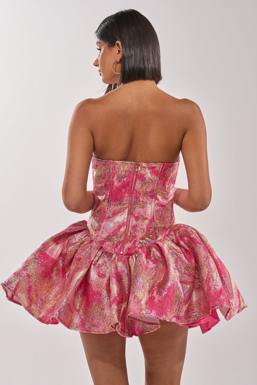 PRETTY IN PINK BROCADE MINI DRESS IN PINK MULTI