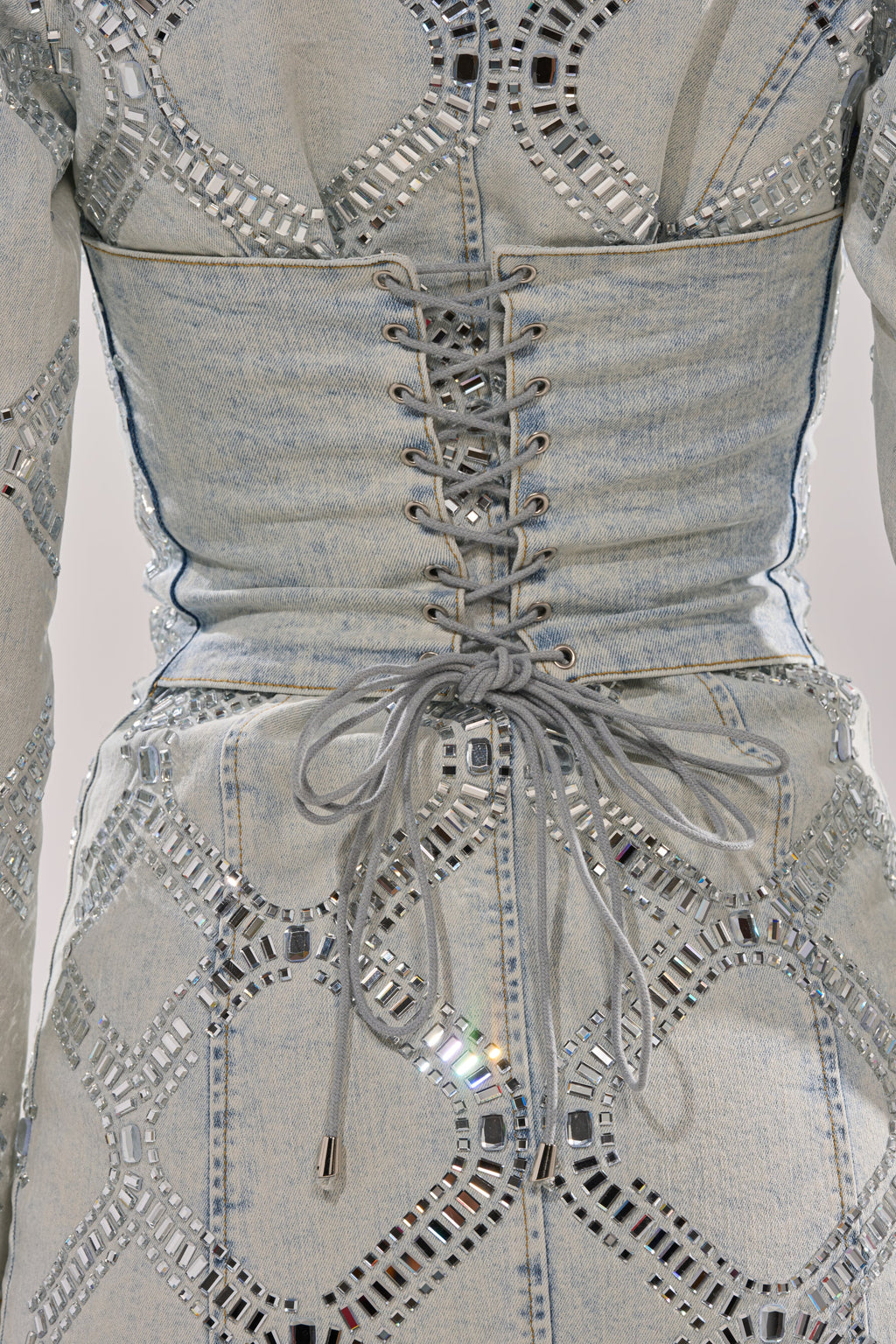 LOOK AT ME RHINESTONE BLAZER DRESS IN LIGHT BLUE DENIM
