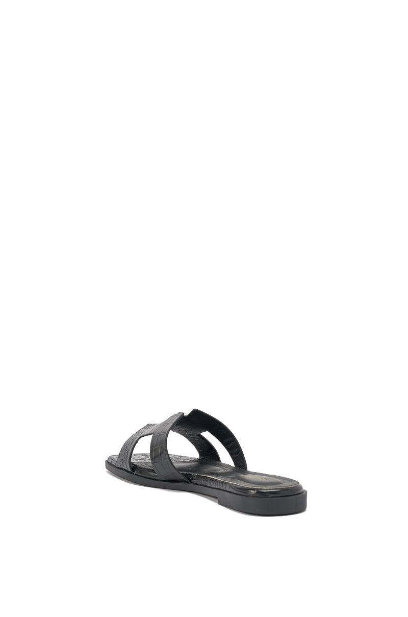 AKIRA HOWDY BLACK CROC SLIP ON FLAT SANDAL