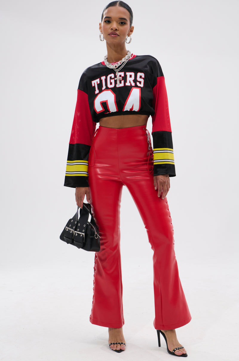 SEXY FAUX LEATHER RED LACE-UP PANTS