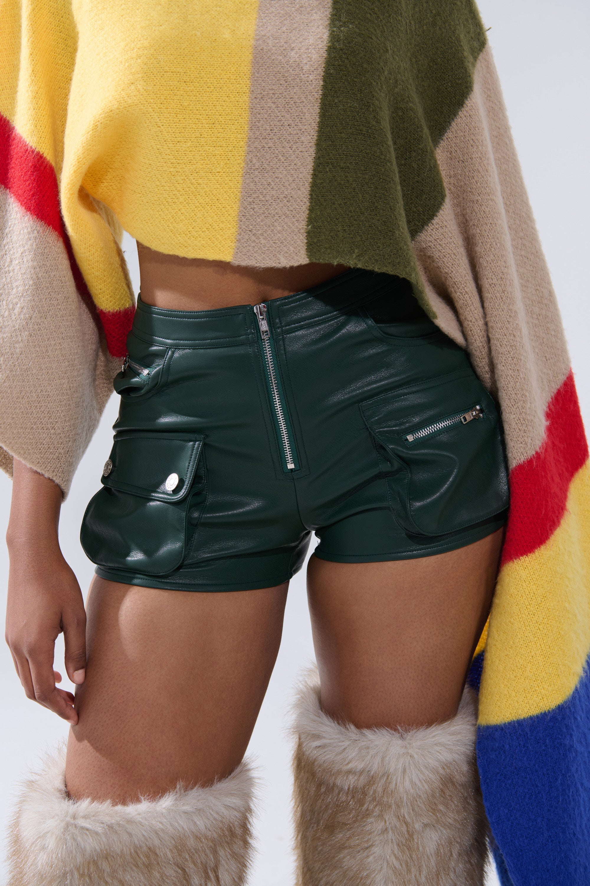 FAUX LEATHER MINI CARGO SHORTS