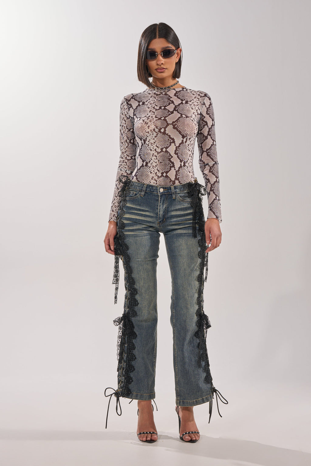 OMBRE SNAKE LONG SLEEVE MESH TOP IN GREY MULTI