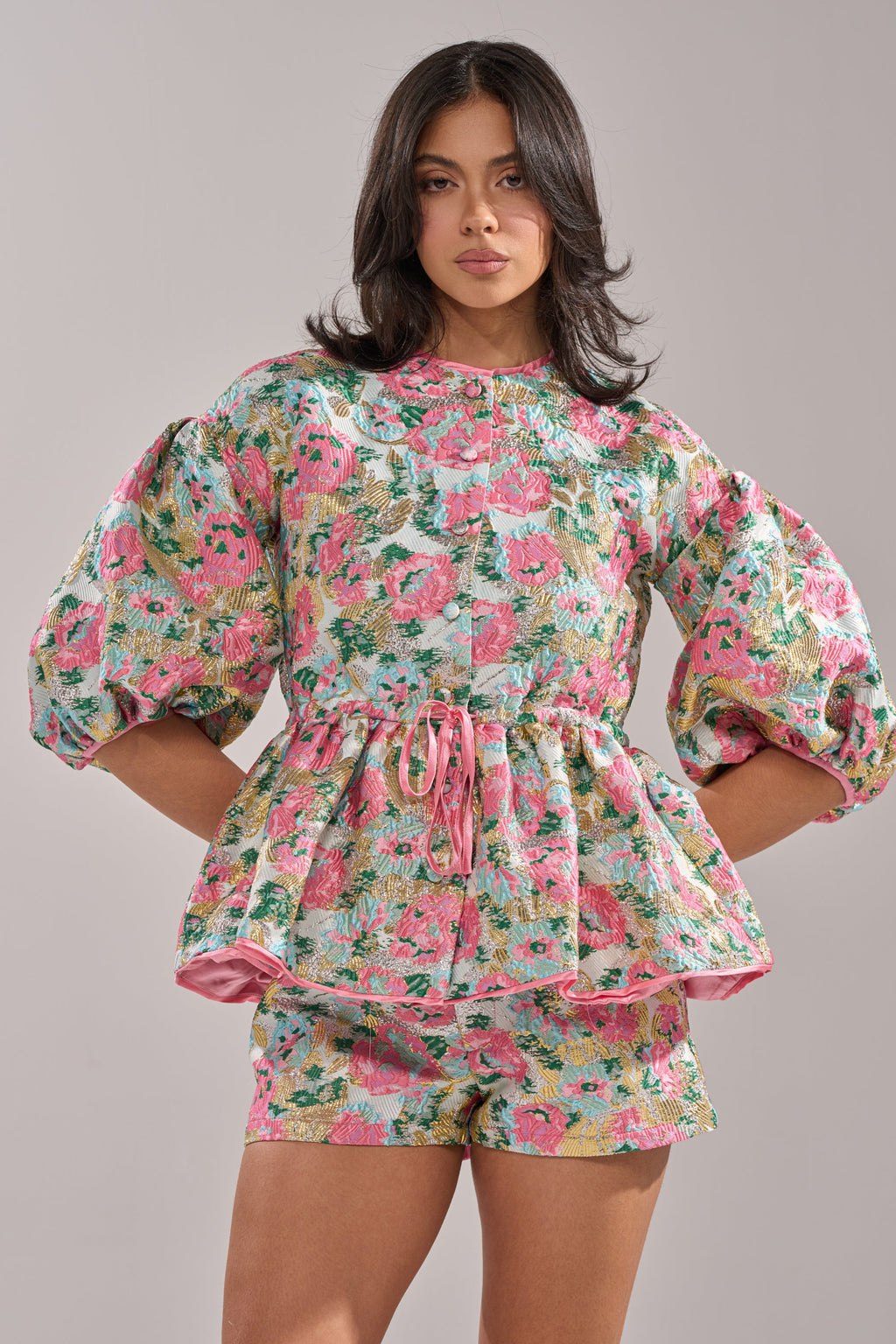 TEA TIME FLORAL BROCADE SHORT SLEEVE BLOUSE