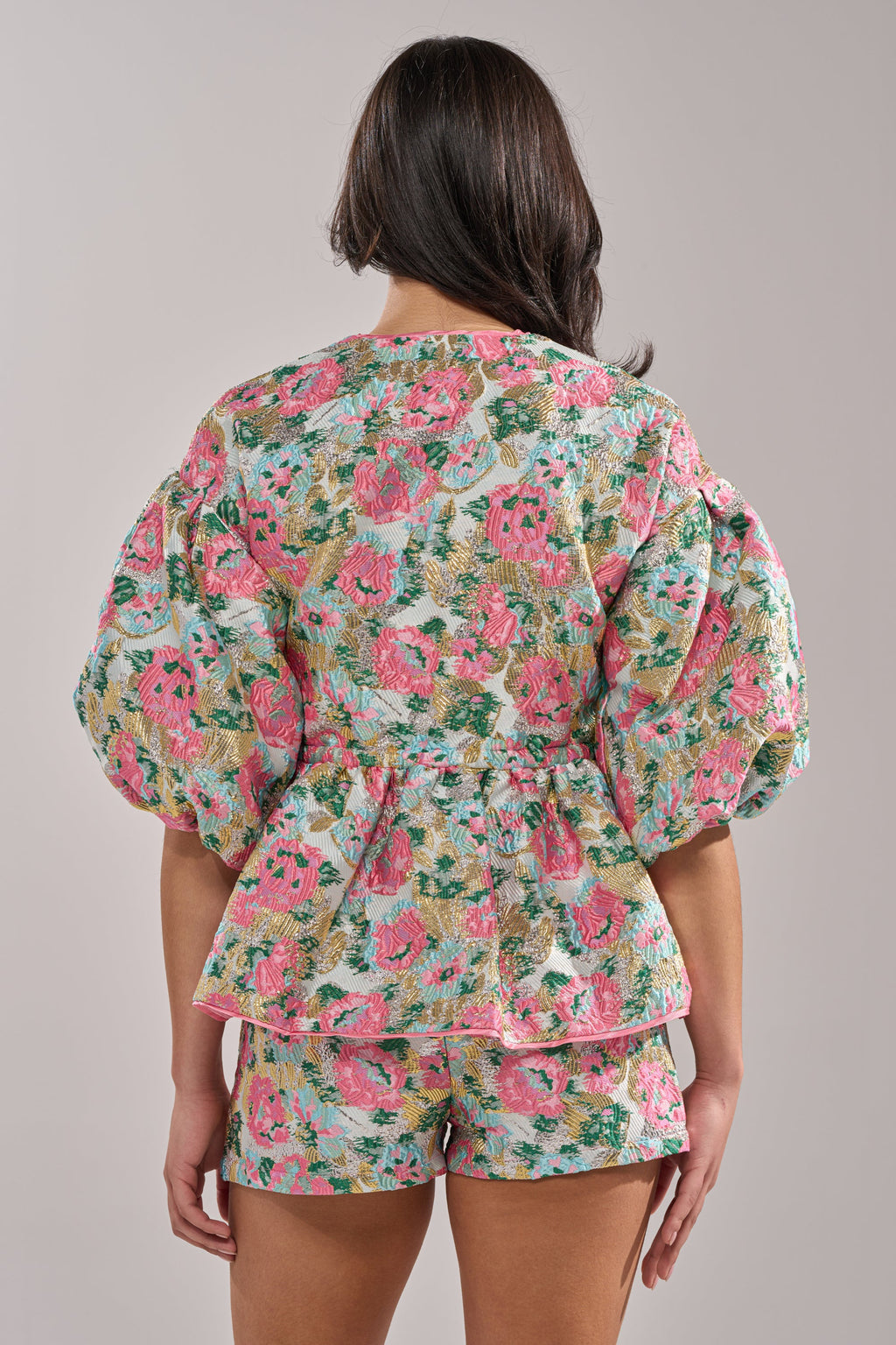 TEA TIME FLORAL BROCADE SHORT SLEEVE BLOUSE