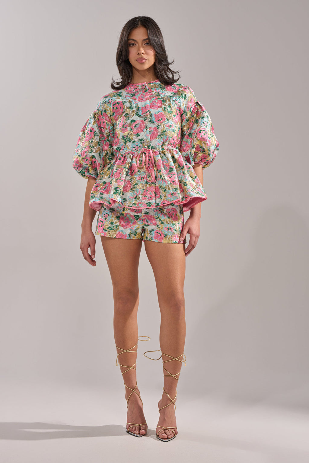 TEA TIME FLORAL BROCADE SHORT SLEEVE BLOUSE